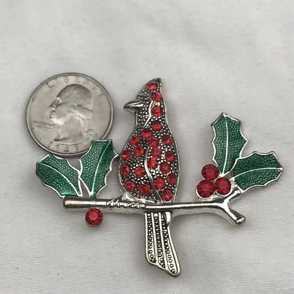 KC Brooch Red Green Enamel Jeweled Vintage Cardinal Holly Christmas Holiday